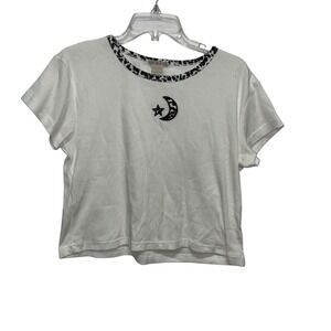 Age Group White Cropped T Shirt Moon Star Graphic Leopard Collar Women's L‎ Y2K